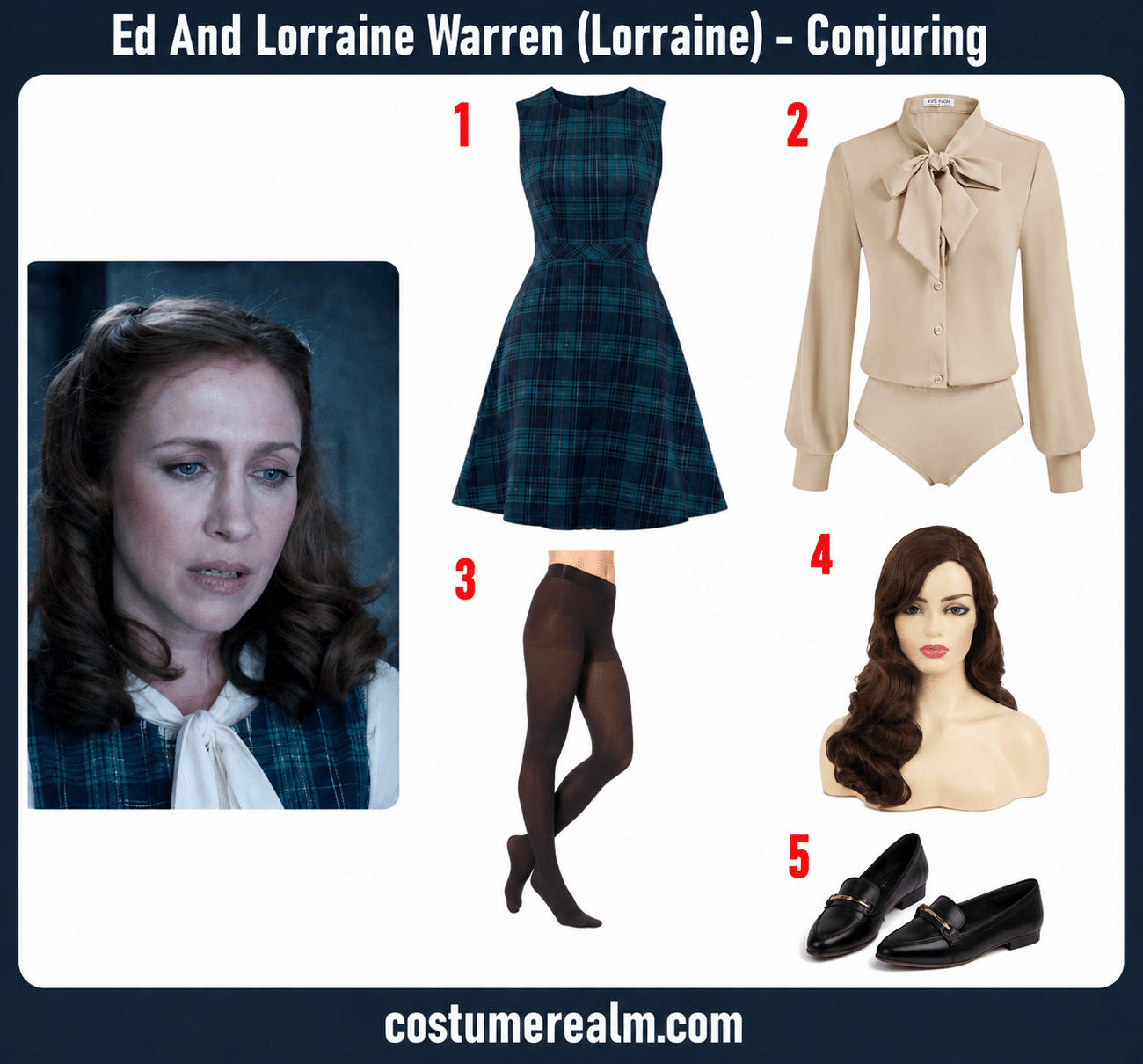 Lorraine Warren from The Conjuring Halloween costume infographic showing plaid dress, blouse, and wig