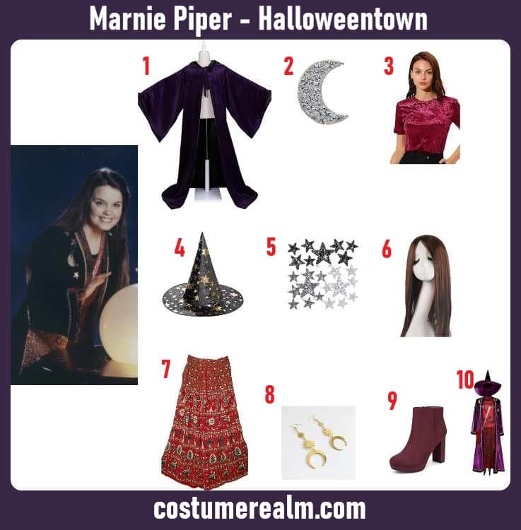 Marnie Piper Halloweentown costume infographic showing purple velvet robe, burgundy top, star and moon patches, witch hat, brown wig, boho skirt, earrings, and boots