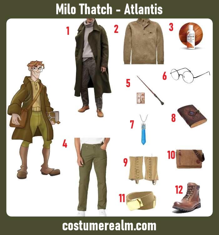 Milo Thatch Atlantis Halloween costume infographic showing olive trench coat, beige sweater, round glasses, journal, messenger bag, gaiters, and boots
