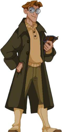 Milo Thatch from Atlantis The Lost Empire wearing round glasses, an olive trench coat, and holding the blue Heart of Atlantis crystal