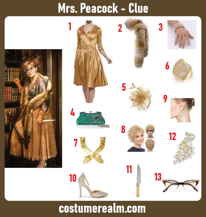 Mrs. Peacock from Clue Halloween costume infographic showing gold satin dress, fur stole, cat-eye glasses, and peacock feather clutch