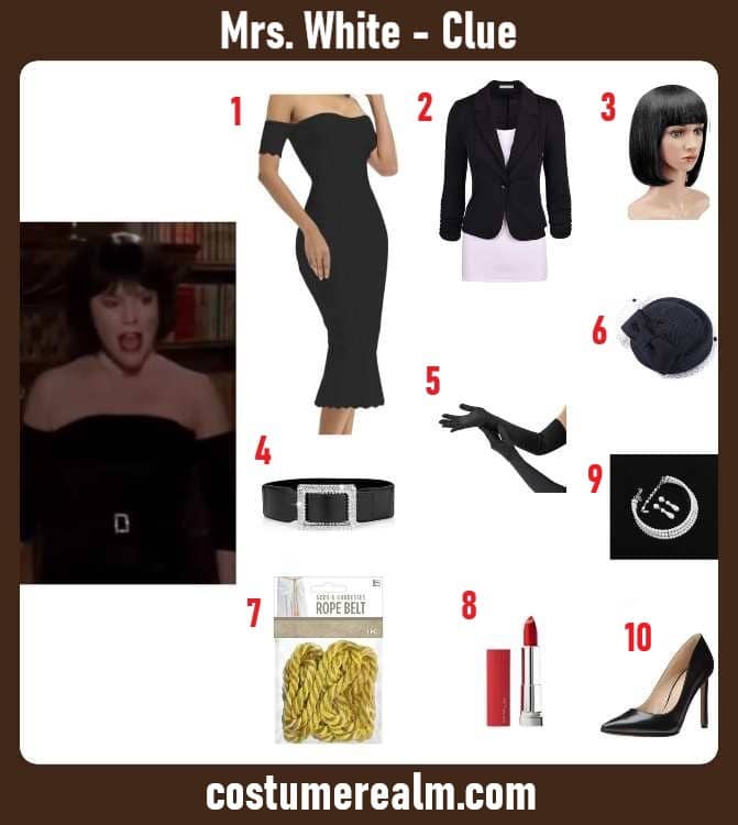 Mrs. White Clue Halloween costume infographic showing black off-shoulder dress, bob wig, veiled pillbox hat, satin gloves, rhinestone jewelry, and heels