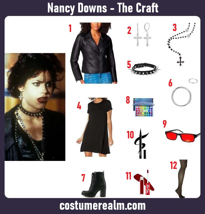 Nancy Downs from The Craft Halloween costume infographic showing black leather jacket, mini dress, spiked choker, ankh earrings, and combat boots