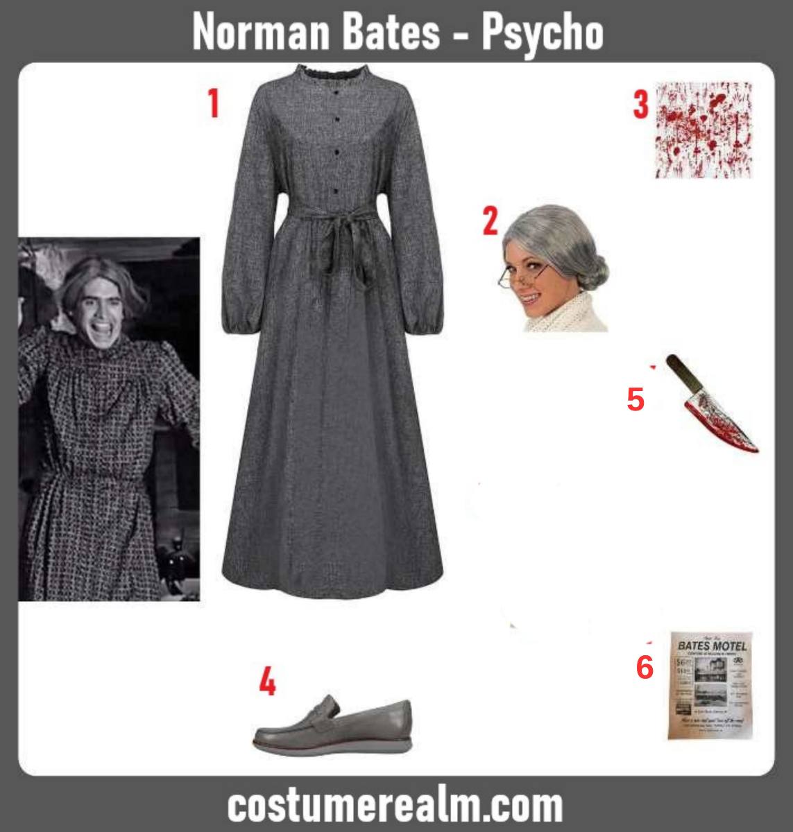 Norman Bates Mother disguise Halloween costume infographic showing grey prairie dress, wig, loafers, and bloody knife prop