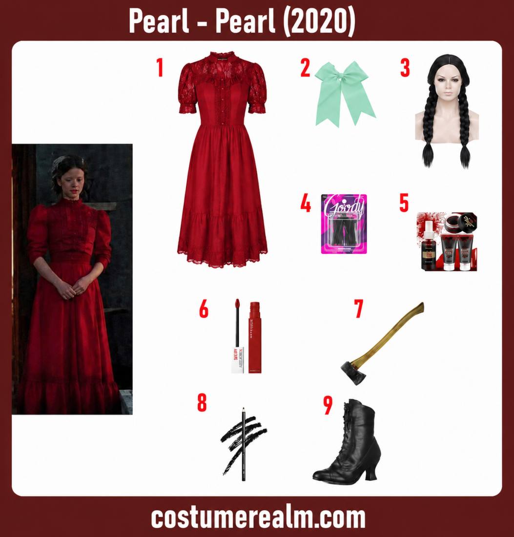 Pearl 2022 Halloween costume infographic showing red prairie dress, black braided wig, axe prop, and blood makeup