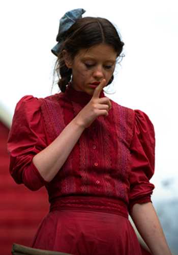 Pearl in the red prairie dress costume reference from the 2022 film, with blood makeup effects