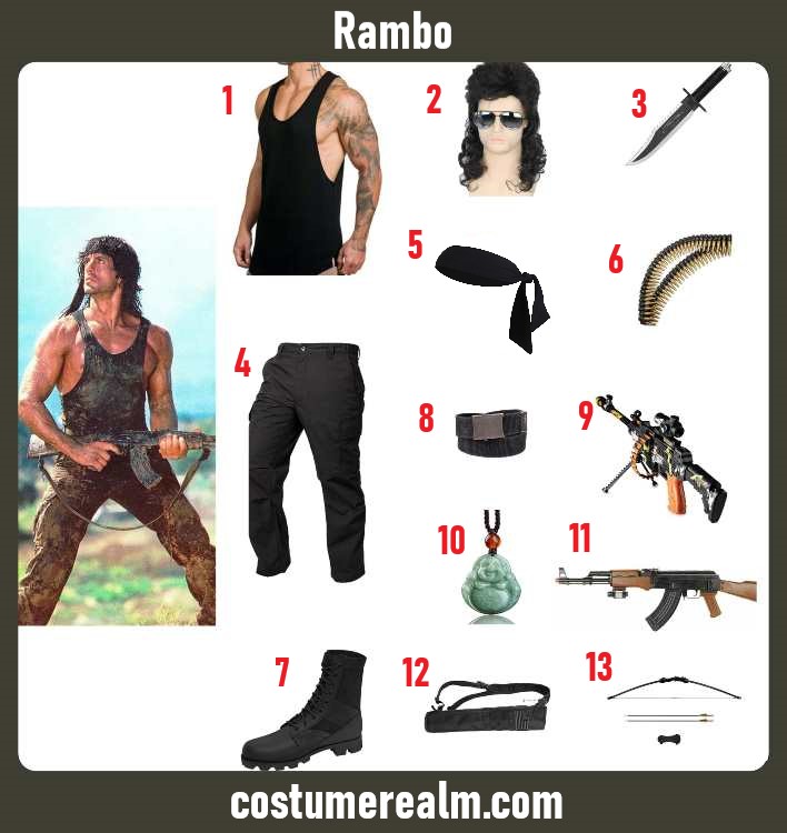 Rambo Halloween costume infographic showing black tank top, headband, cargo pants, bullet belt, and bowie knife prop