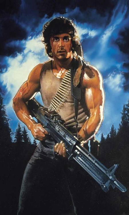Rambo movie artwork costume reference showing the headband, tank top, and bowie knife from First Blood