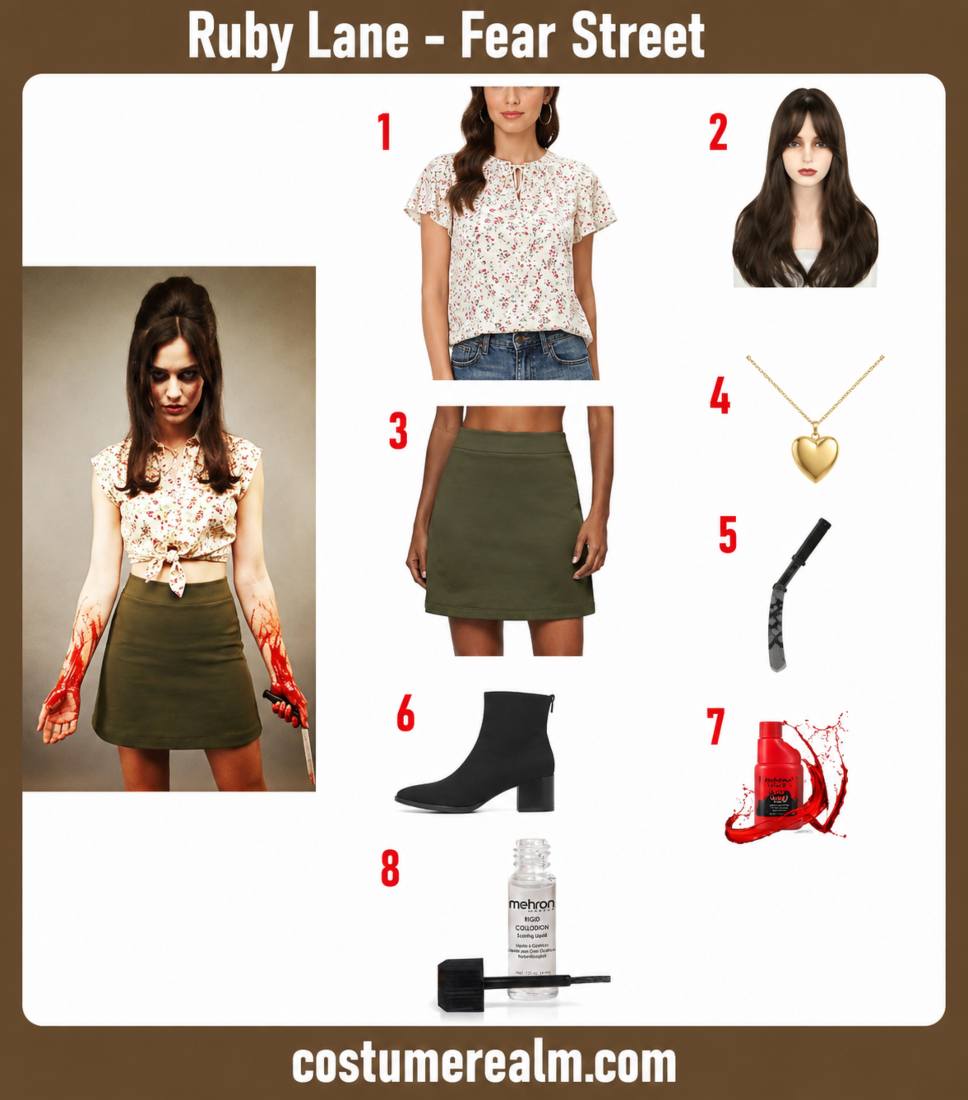 Ruby Lane Fear Street Halloween costume infographic showing floral top, mini skirt, bouffant wig, razor prop, and blood effects