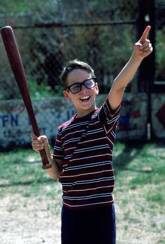 Squints cosplay costume reference from The Sandlot showing the full striped shirt and glasses look