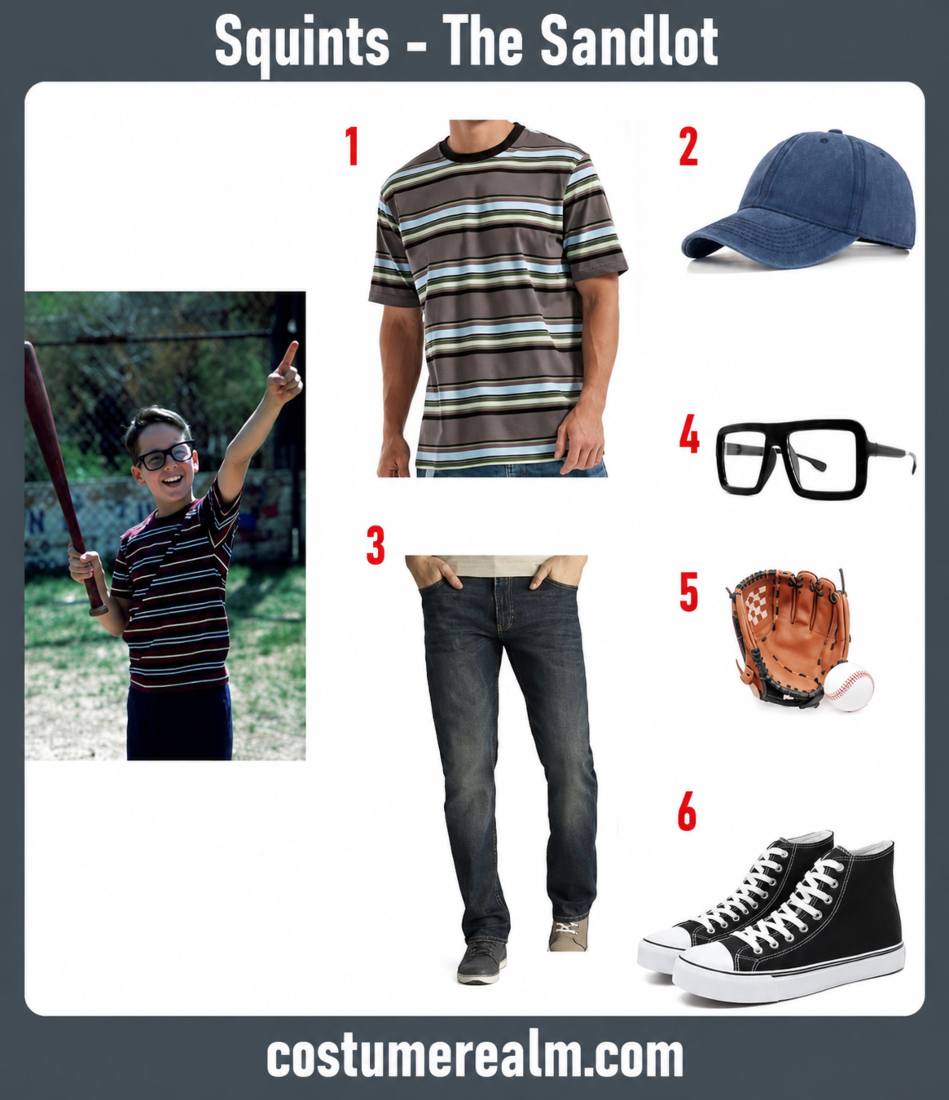 Squints The Sandlot Halloween costume infographic showing striped shirt, glasses, baseball cap, jeans, glove, and sneakers