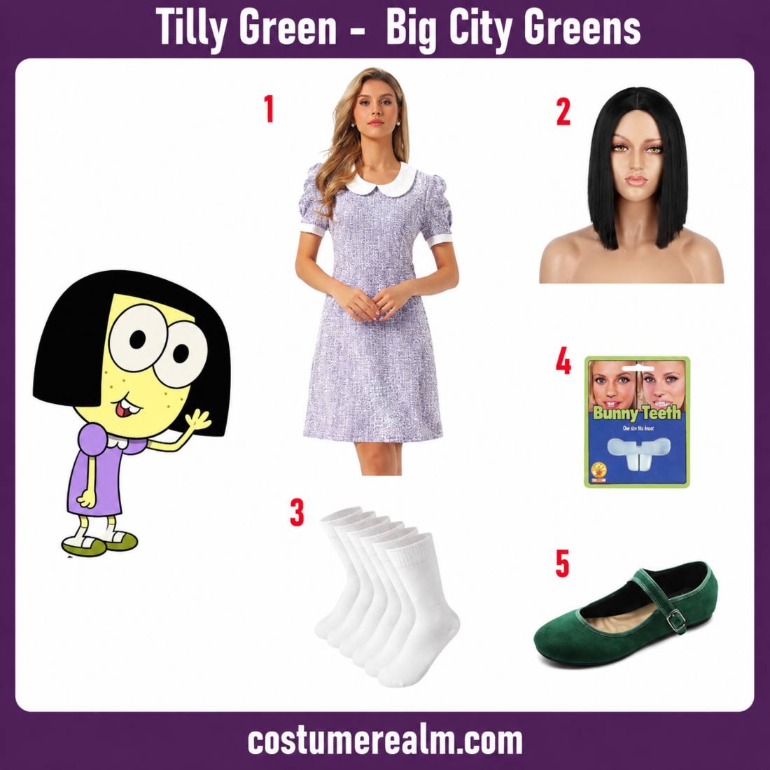 Tilly Green Halloween costume infographic showing light purple Peter Pan collar dress, black bob wig, white socks, bunny teeth, and green flat shoes