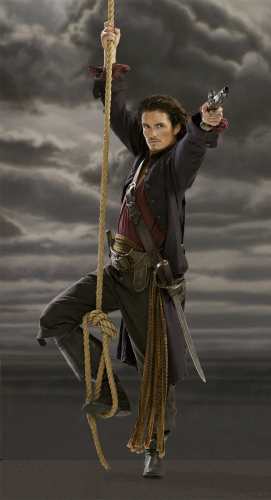 Will Turner in action costume reference from Pirates of the Caribbean, wielding his cutlass sword