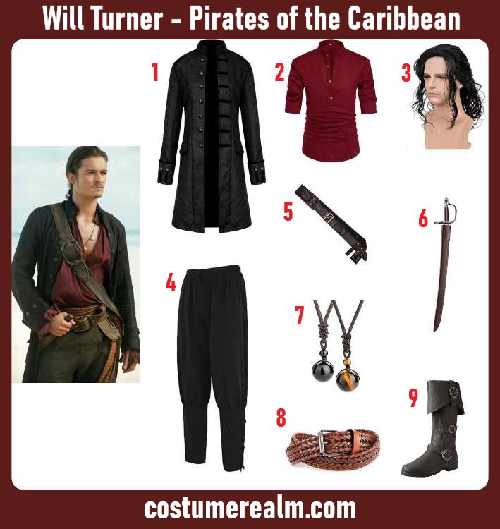 Will Turner Pirates of the Caribbean Halloween costume infographic showing black frock coat, burgundy shirt, wig, sword, and boots