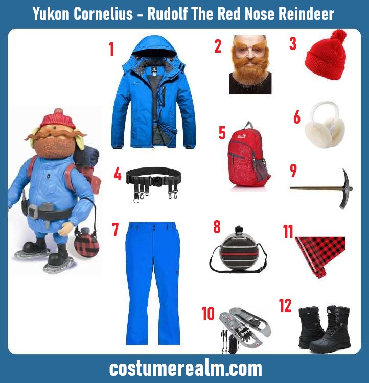 Yukon Cornelius Halloween costume infographic showing blue parka, snow pants, beard, beanie, earmuffs, canteen, and pickaxe prop