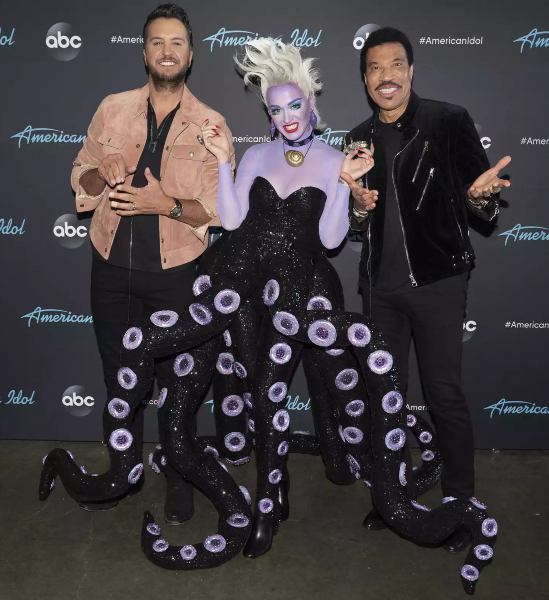 Katy Perry dressed as Ursula the Sea Witch with tentacle sleeves for American Idol's Disney Night in 2019