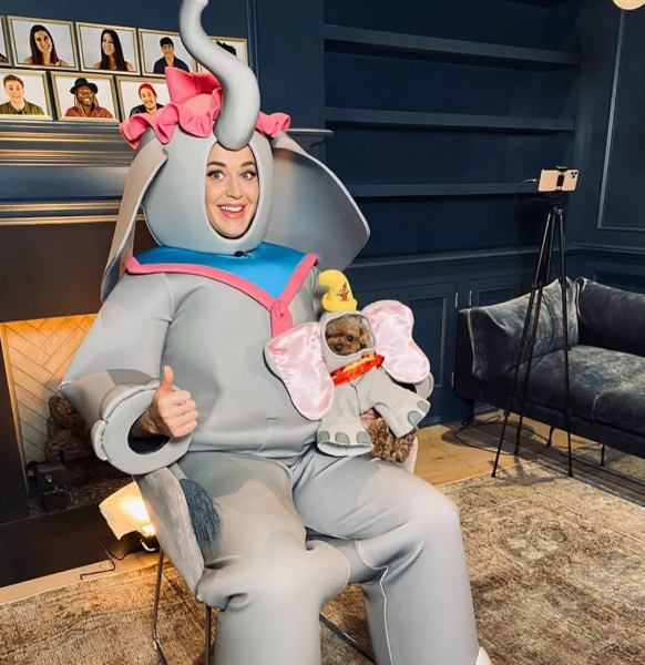 Katy Perry dressed as Mrs. Jumbo the elephant from Dumbo for American Idol's Disney Night in 2020