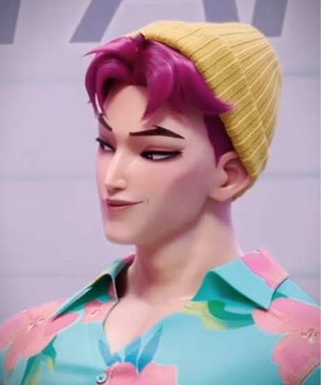 Close-up of Abby Saja from KPop Demon Hunters showing his hot pink hair, yellow beanie, and turquoise floral button shirt with pink hibiscus print