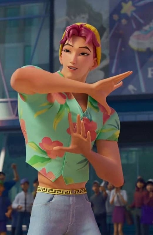 Abby Saja from KPop Demon Hunters mid-dance pose in his floral shirt, ripped jeans, and yellow beanie, reference for the Halloween costume