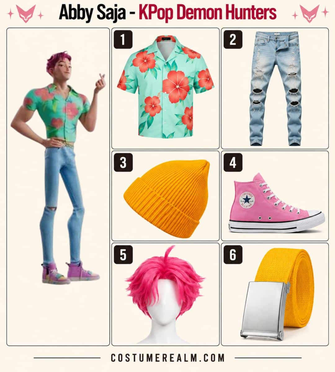 Abby Saja from KPop Demon Hunters Halloween costume infographic showing hot pink wig, turquoise floral shirt, ripped skinny jeans, yellow beanie, canvas belt, and pink high-top sneakers
