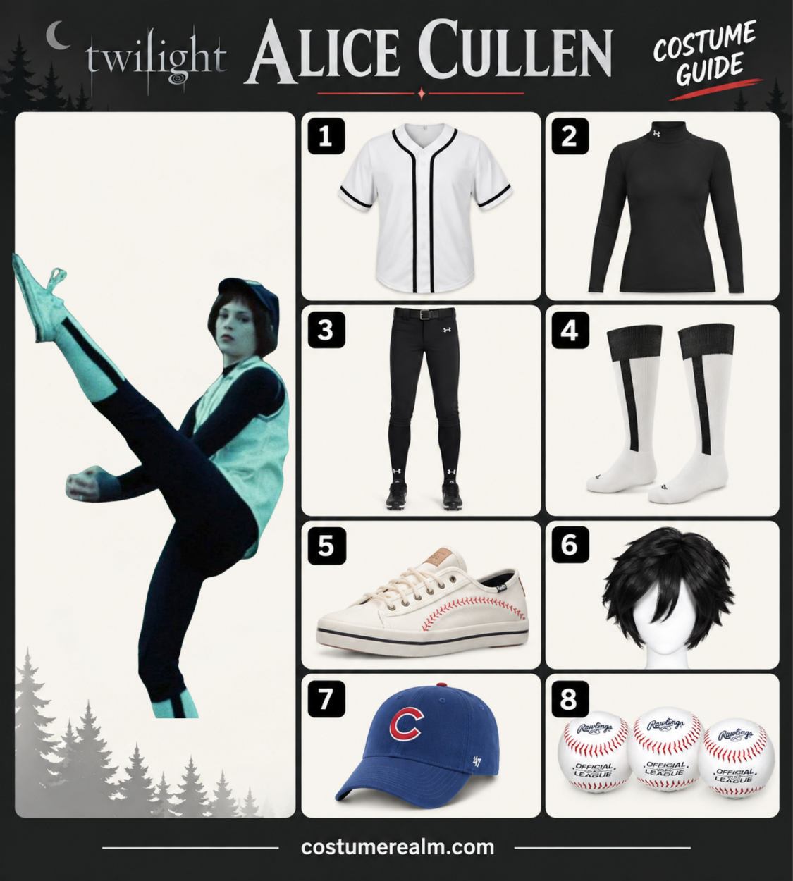 Alice Cullen from Twilight Halloween costume infographic showing white baseball jersey, black compression shirt, black knickers, white stirrup socks, canvas sneakers, black pixie wig, navy cap, and prop baseballs