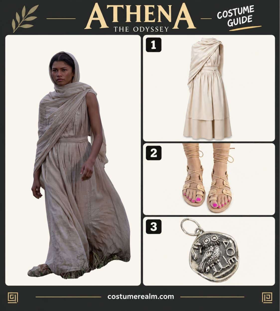 Athena from The Odyssey Halloween costume infographic showing draped earth-toned chiton dress, tan lace-up gladiator sandals, and owl of Athena coin pendant