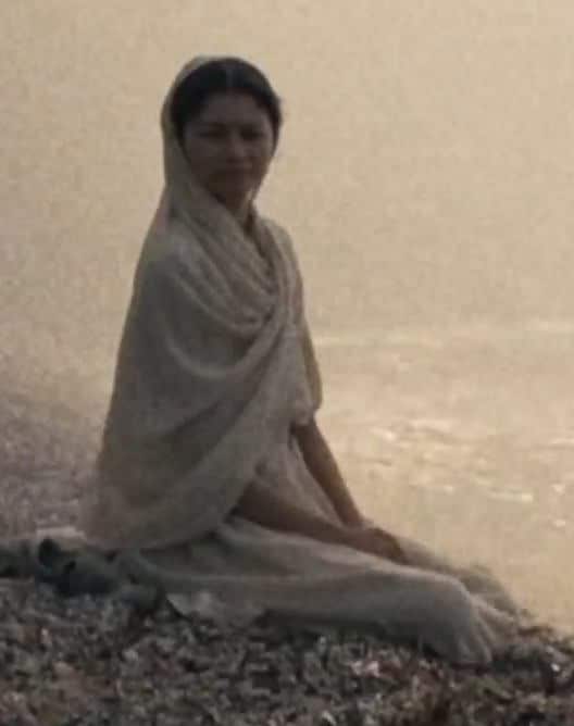 Athena from The Odyssey standing beside Odysseus in her draped earth-toned chiton, reference image for the Halloween costume