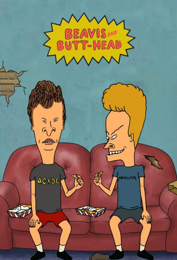 Butt-Head from Beavis and Butt-Head sitting on a couch in his black t-shirt and red shorts, reference image for the Halloween costume