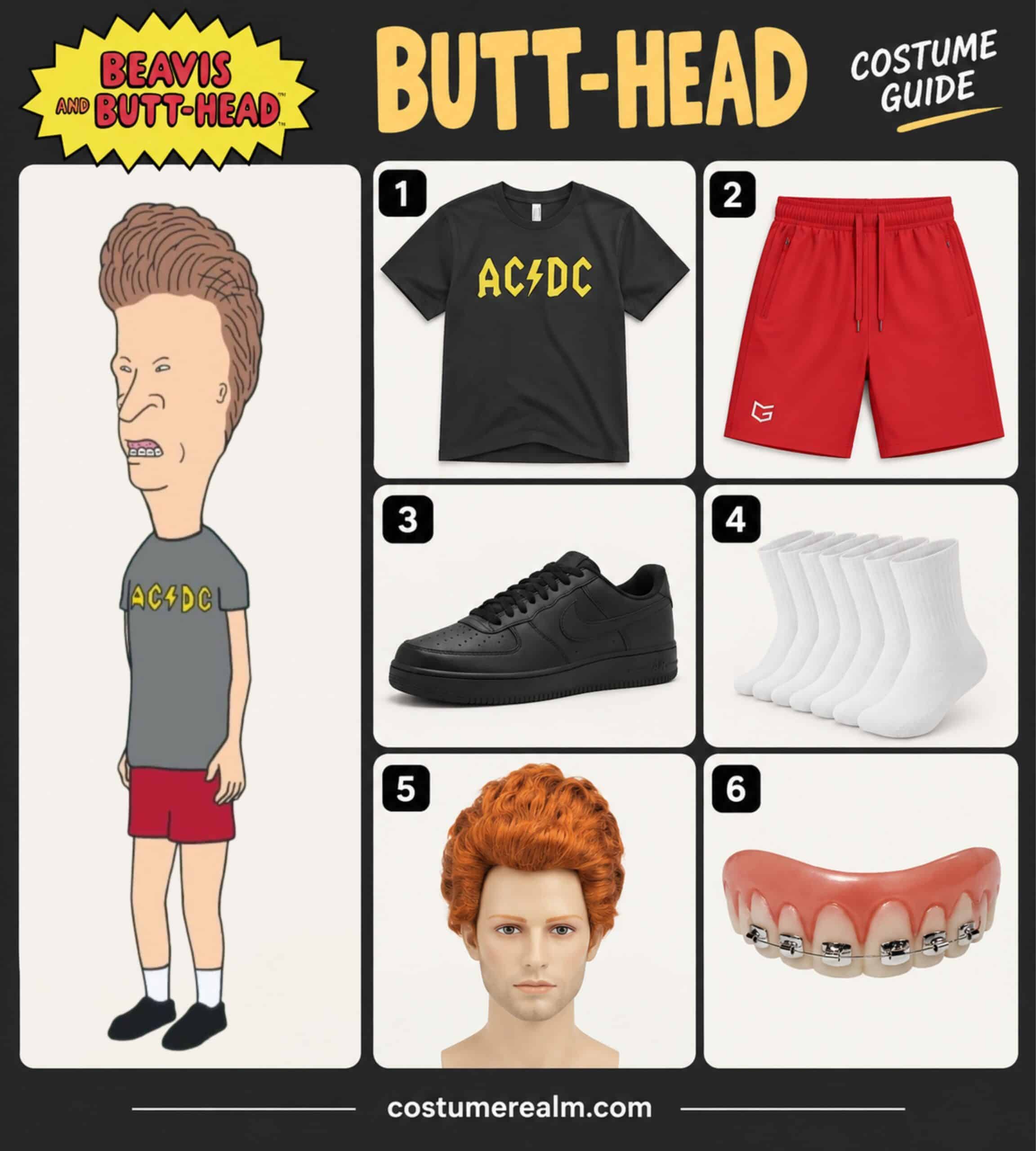 Butt-Head from Beavis and Butt-Head Halloween costume infographic showing black graphic crewneck t-shirt, red athletic shorts, white crew socks, black low-top sneakers, wig, and fake braces appliance