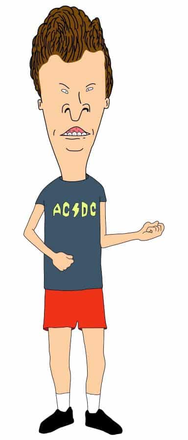 Butt-Head from Beavis and Butt-Head wearing a black graphic t-shirt, red athletic shorts, and white socks, full-length reference for the Halloween costume