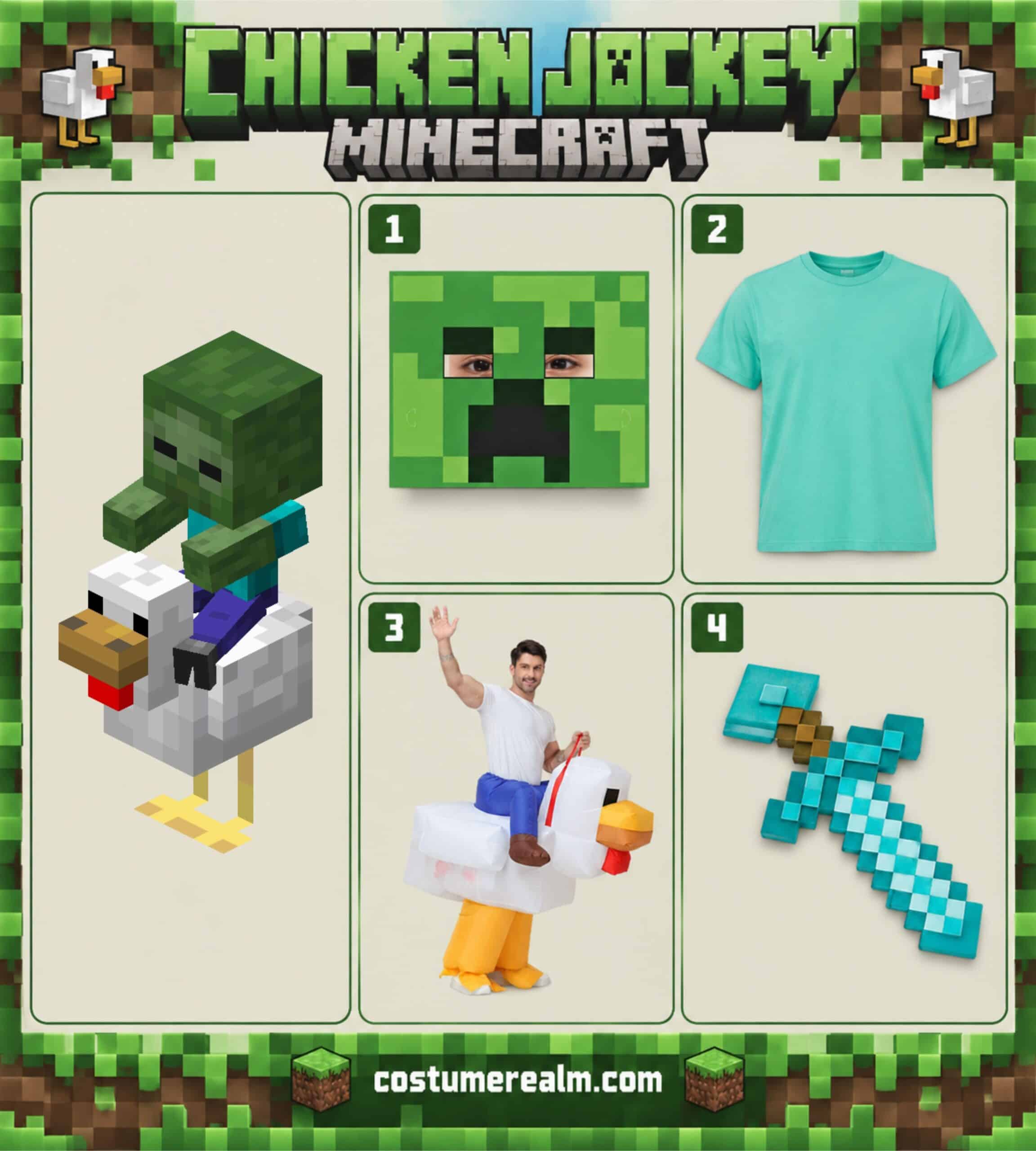 Chicken Jockey from A Minecraft Movie Halloween costume infographic showing inflatable ride-on chicken costume, Minecraft mob paper mask, mint crewneck t-shirt, and diamond sword prop