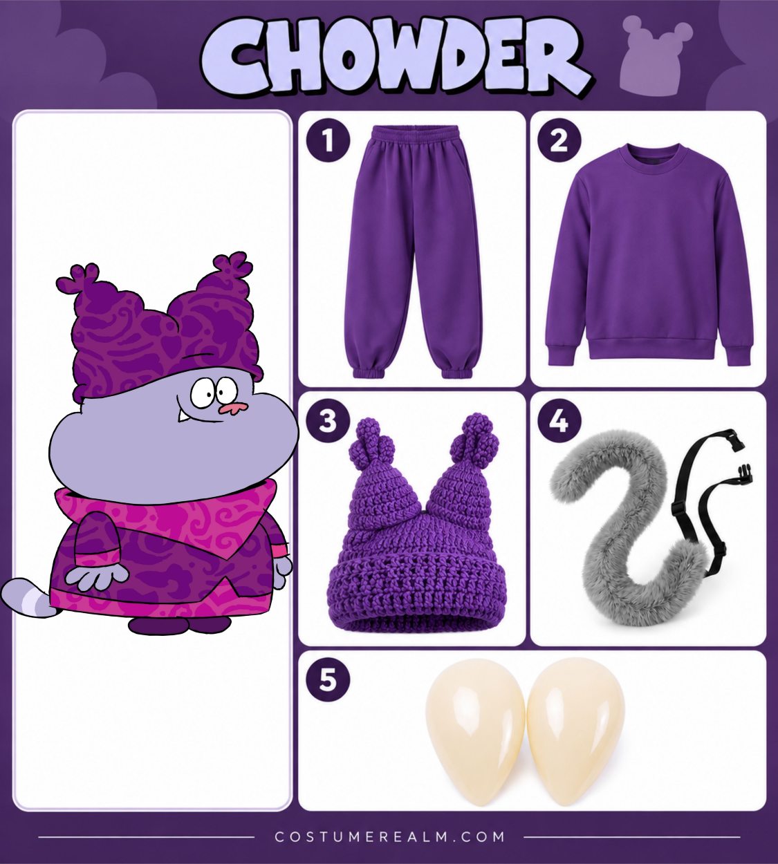 Chowder Halloween costume infographic showing purple crewneck sweatshirt, purple sweatpants, purple two-peak crochet hat, grey faux fur tail, and snaggletooth fang