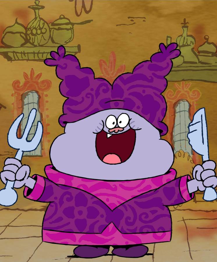 Chowder holding a fork and knife, reference for his purple two-peak hooded hat and rounded purple body shape
