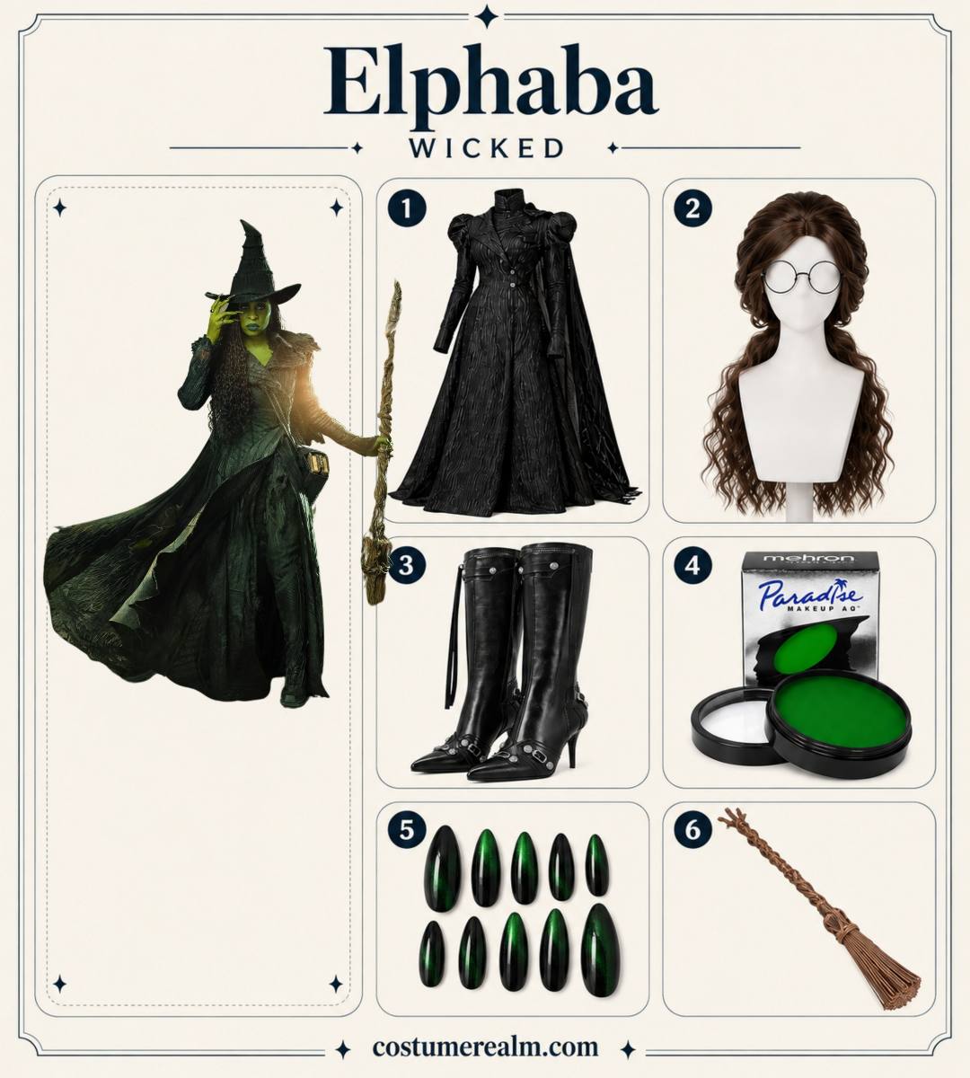 Elphaba from Wicked Halloween costume infographic showing black witch dress and hat, dark wavy wig with glasses, black pointed boots, green face and body paint, green stiletto nails, and broomstick prop