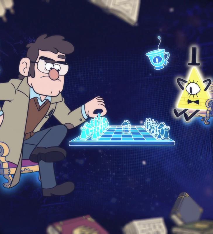 Ford Pines in his trench coat and glasses playing a glowing holographic chess game against Bill Cipher