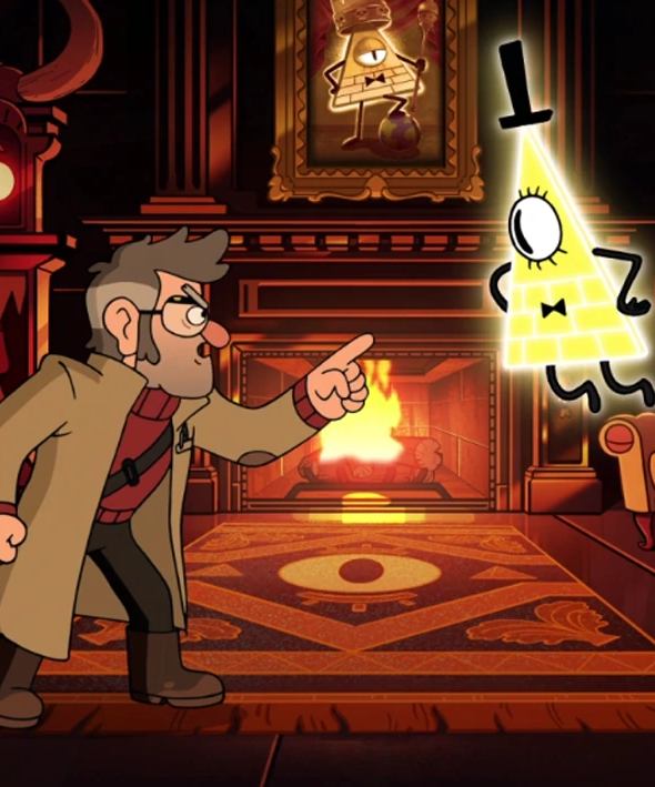 Ford Pines from Gravity Falls in his khaki trench coat and brick red turtleneck, pointing accusingly at Bill Cipher by a fireplace