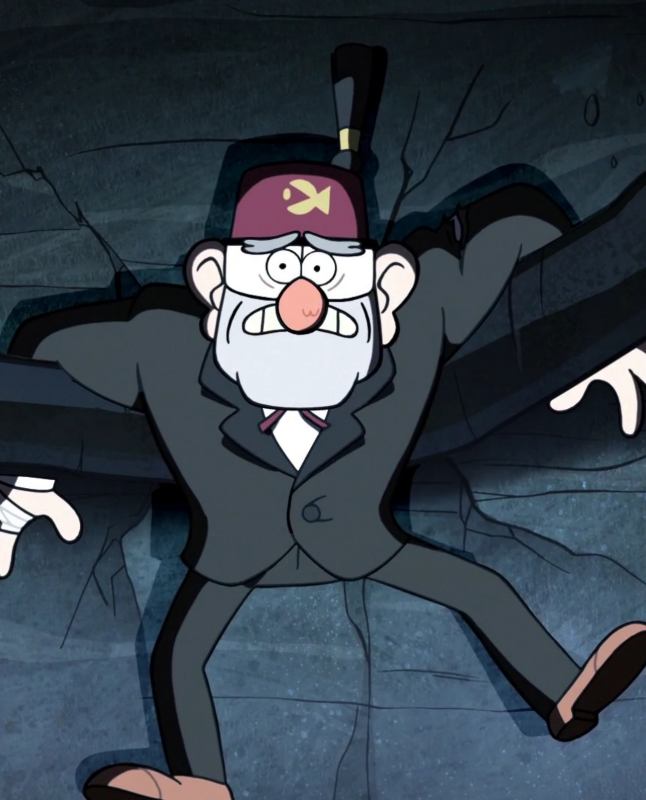 Grunkle Stan from Gravity Falls in his maroon fez and black suit, braced against a cracked rock wall