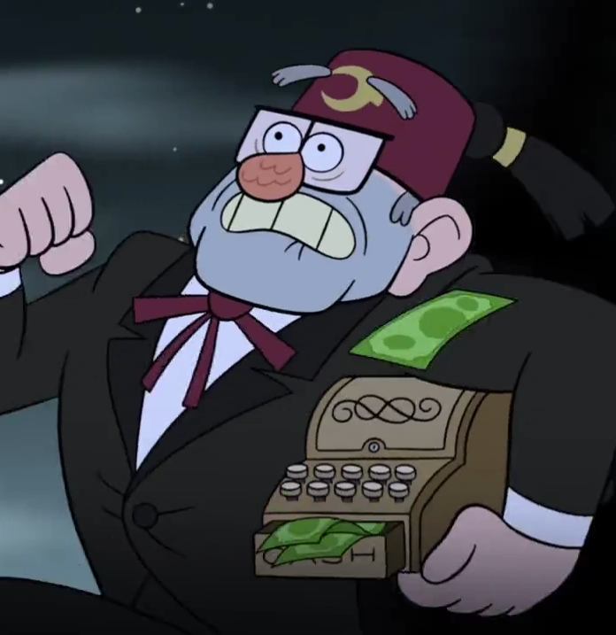 Grunkle Stan from Gravity Falls holding a cash register full of money at night, fez tilted back on his head