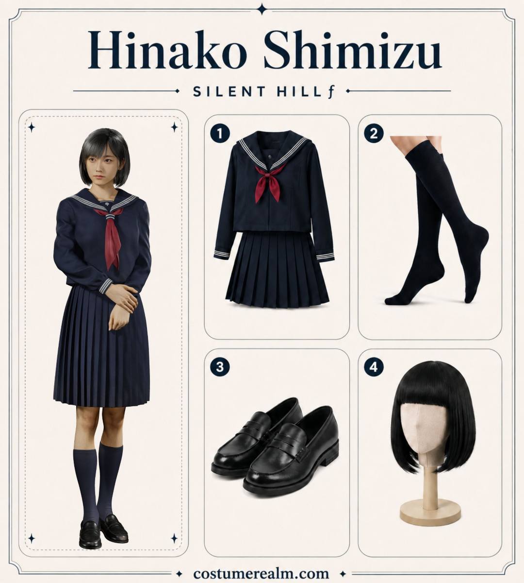 Hinako Shimizu from Silent Hill f Halloween costume infographic showing navy sailor school uniform with red scarf, navy knee socks, black penny loafers, and short black bob wig with bangs