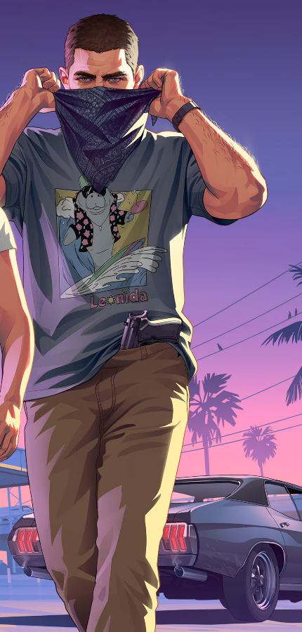 Jason Duval from GTA 6 wearing the Leonida surfing manatee graphic tee and khaki pants, reference image for the Halloween costume