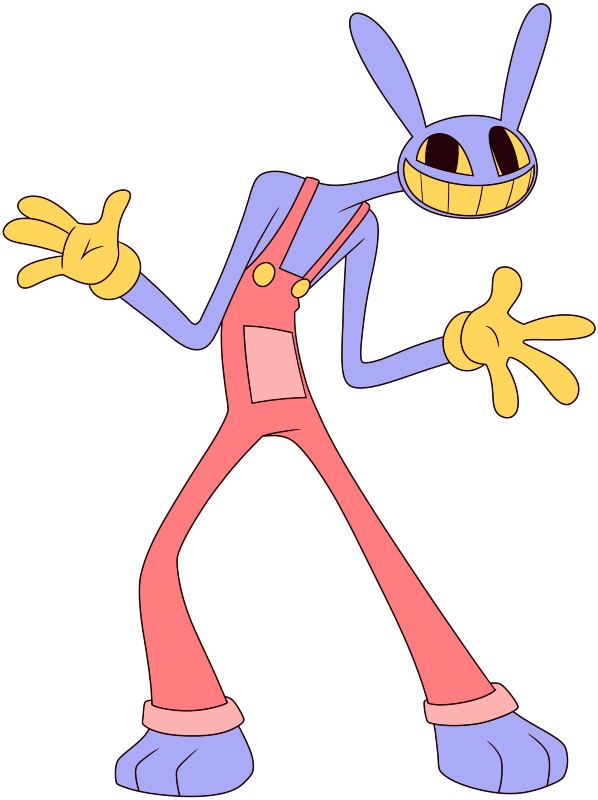 2D illustration of Jax from The Amazing Digital Circus showing his lilac rabbit design, pink overalls with yellow buttons, and yellow gloves
