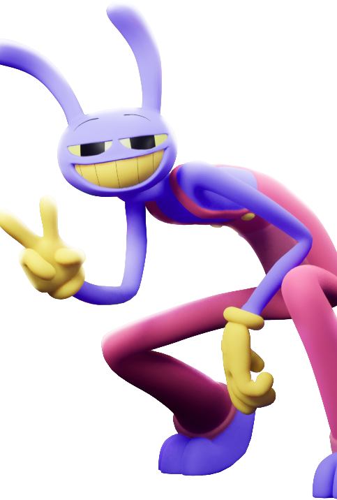 Jax from The Amazing Digital Circus making a peace sign pose, showing his full purple and pink design from the front