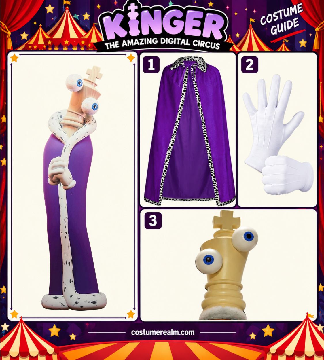 Kinger from The Amazing Digital Circus Halloween costume infographic showing purple king's robe with white spotted trim, white cartoon mascot gloves, and wooden chess-king cosplay mask