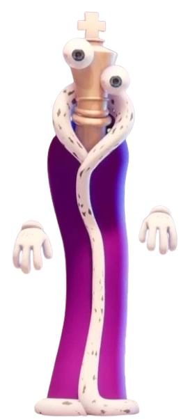 Kinger from The Amazing Digital Circus with hands open, showing his purple robe, white gloves, and asymmetric chess-king head design