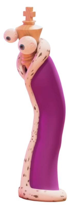 Side profile of Kinger from The Amazing Digital Circus showing the cross finial on his chess-king head and the shape of his purple robe