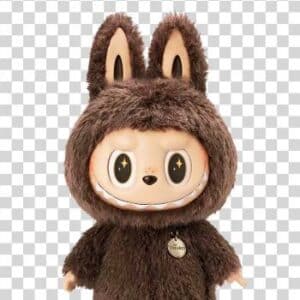 Furry brown Labubu monster figure with tall ears, large starry eyes, and wide toothy grin