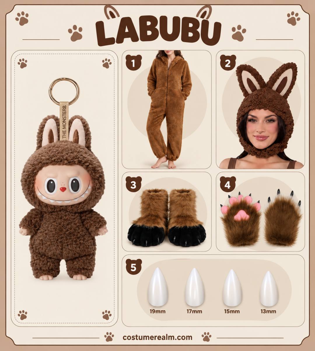 Labubu Halloween costume infographic showing brown plush onesie, monster ear hood, furry paw boots, furry paw gloves, and vampire fang set