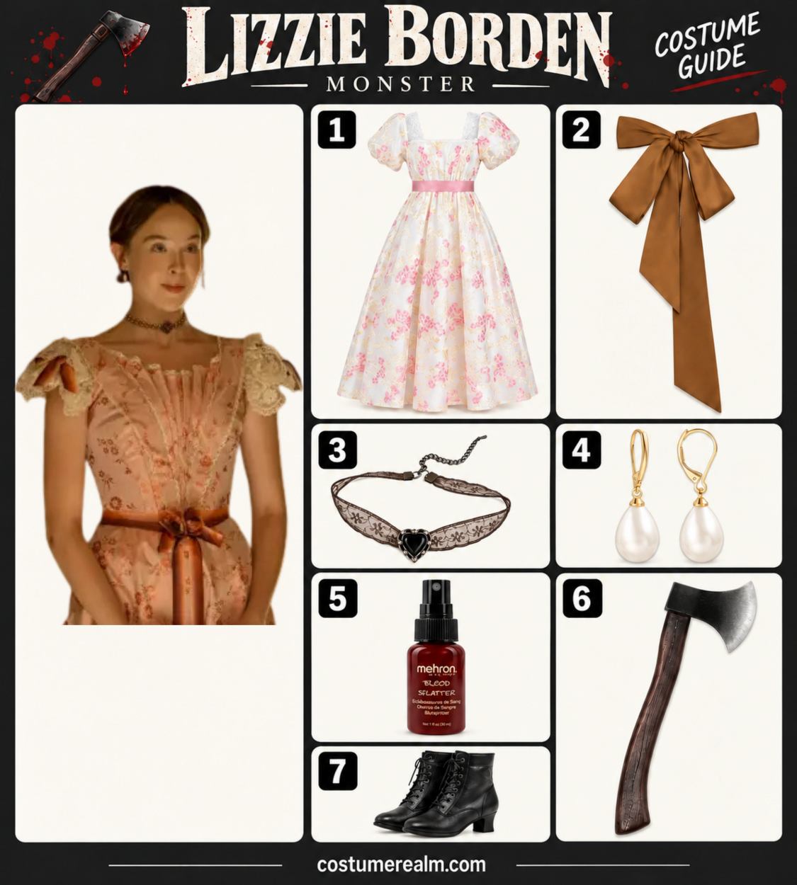 Lizzie Borden Halloween costume infographic showing pink floral Victorian dress, brown satin sash, lace choker, pearl earrings, black ankle boots, blood splatter FX, and hatchet prop