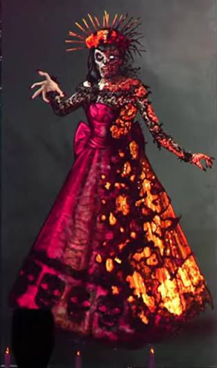 Concept art of Lola from Killceañera showing her burgundy lace gown, gold sunburst crown, and burn scarring for Halloween Horror Nights 2026