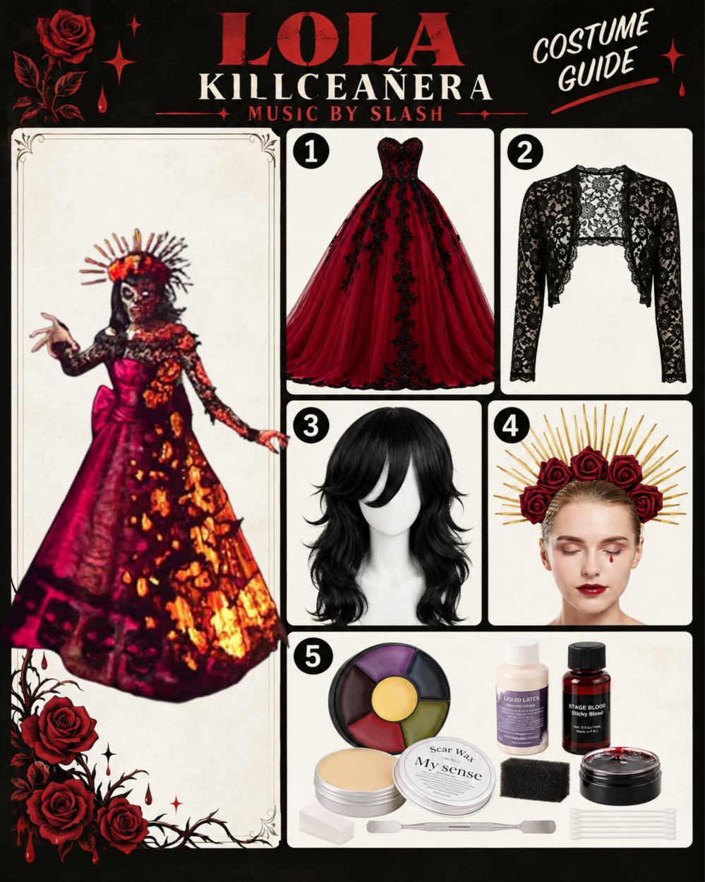 Lola from Killceañera Halloween costume infographic showing burgundy lace ball gown, black bolero shrug, dark wavy wig, gold sunburst crown, and SFX scar makeup kit